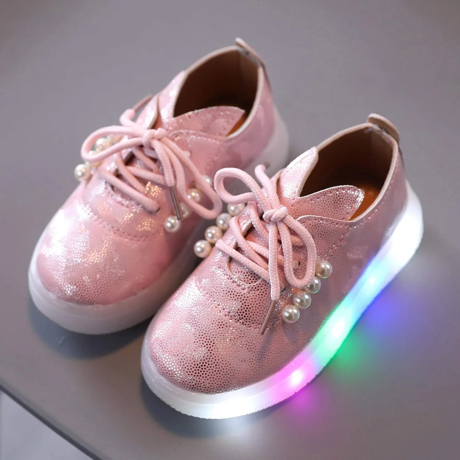 Toddler Kids Girls Shoes Light Up Flashing Tennis Sneakers with Pearl Outdoor Casual Adjustable Strap Flat Shoes