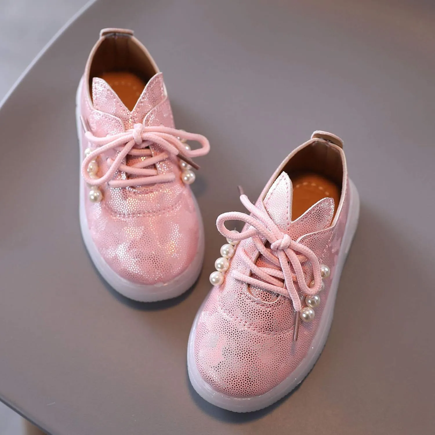 Toddler Kids Girls Shoes Light Up Flashing Tennis Sneakers with Pearl Outdoor Casual Adjustable Strap Flat Shoes