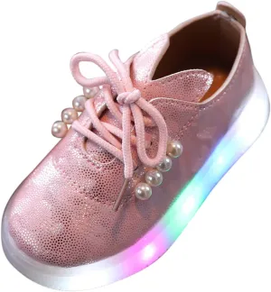 Toddler Kids Girls Shoes Light Up Flashing Tennis Sneakers with Pearl Outdoor Casual Adjustable Strap Flat Shoes