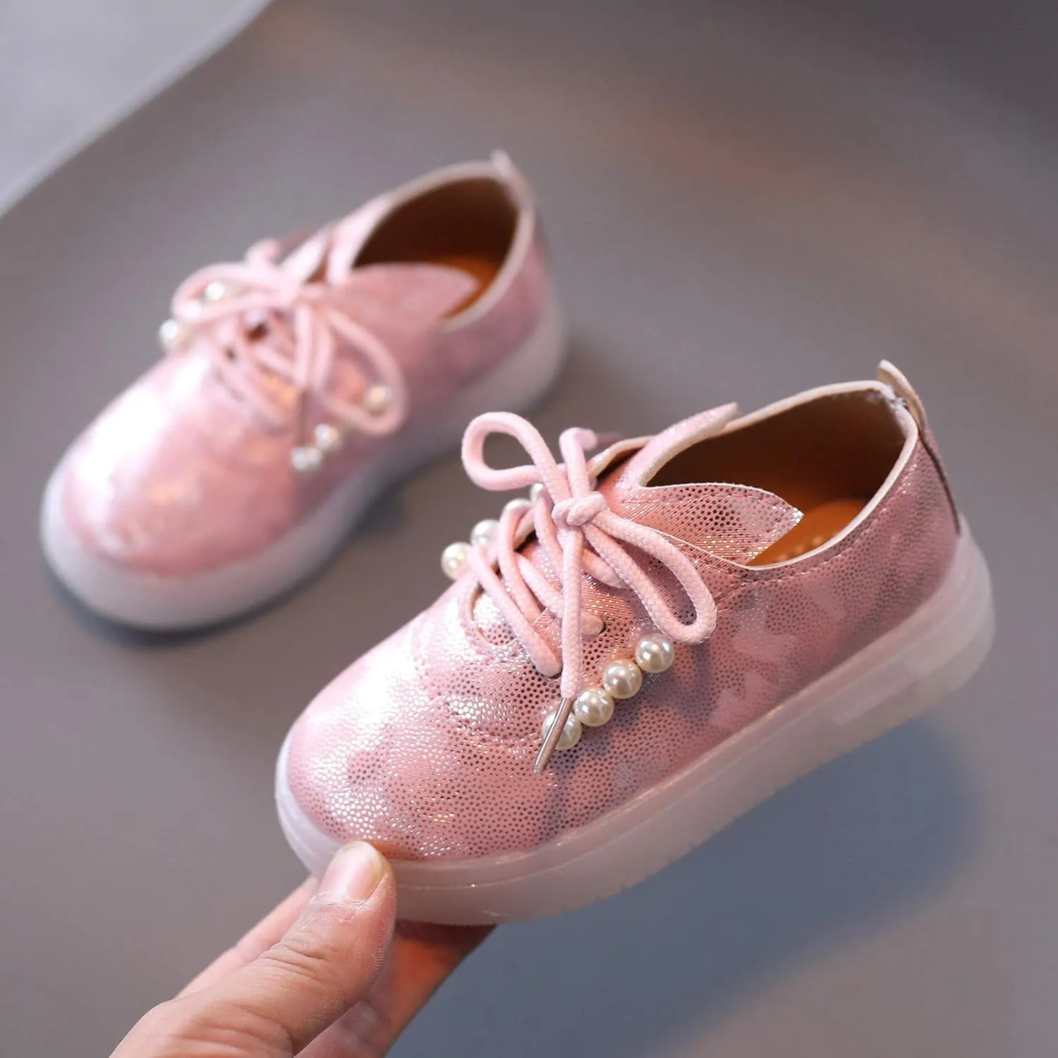 Toddler Kids Girls Shoes Light Up Flashing Tennis Sneakers with Pearl Outdoor Casual Adjustable Strap Flat Shoes