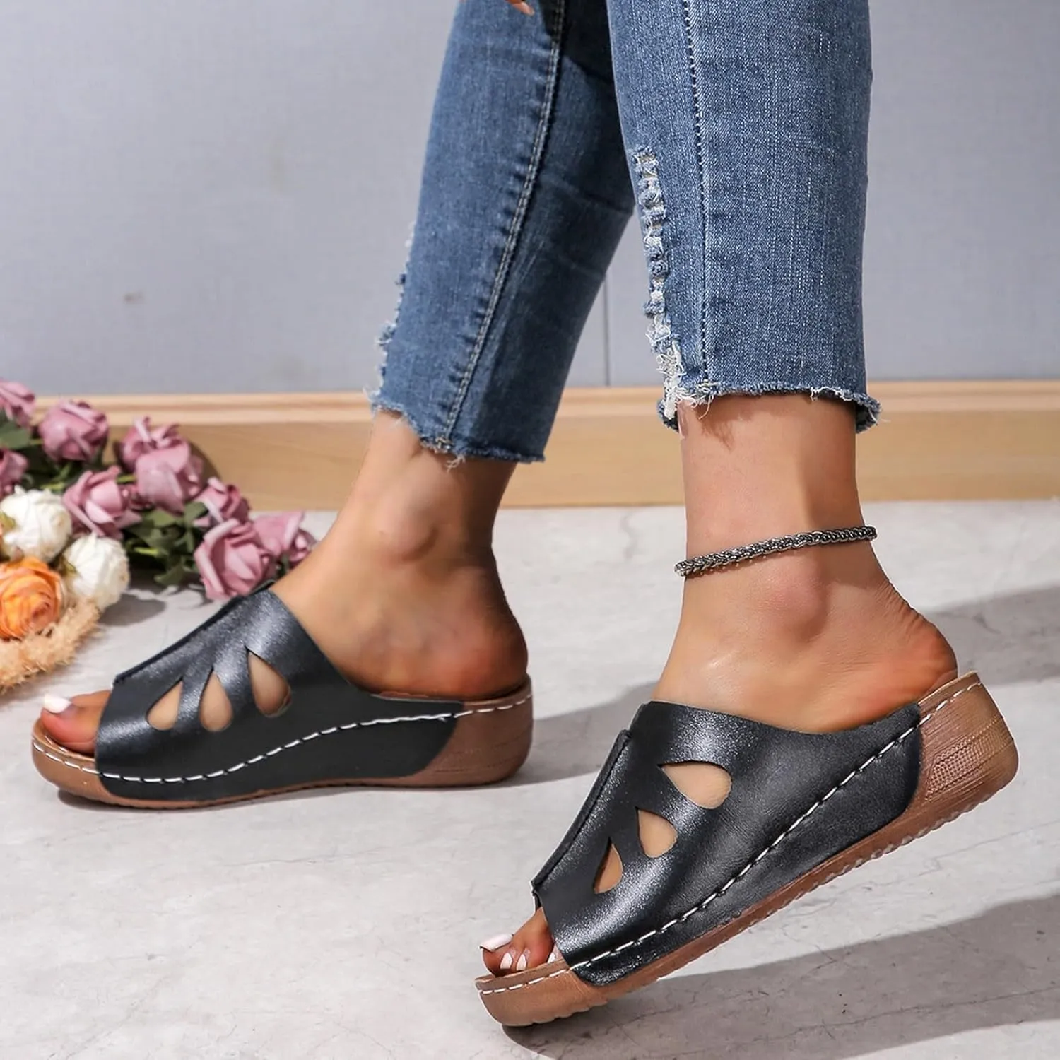 Wedge Sandals for Women Dressy Orthopedic Non Slip Sandals Hollow Out Open Toe Slingback Beach Slippers Soft Sushion Lightweight Walking Outdoor Shoes