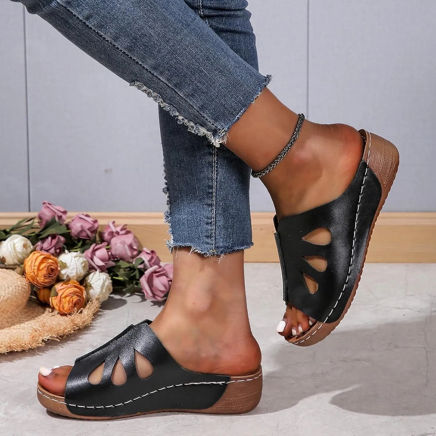 Wedge Sandals for Women Dressy Orthopedic Non Slip Sandals Hollow Out Open Toe Slingback Beach Slippers Soft Sushion Lightweight Walking Outdoor Shoes