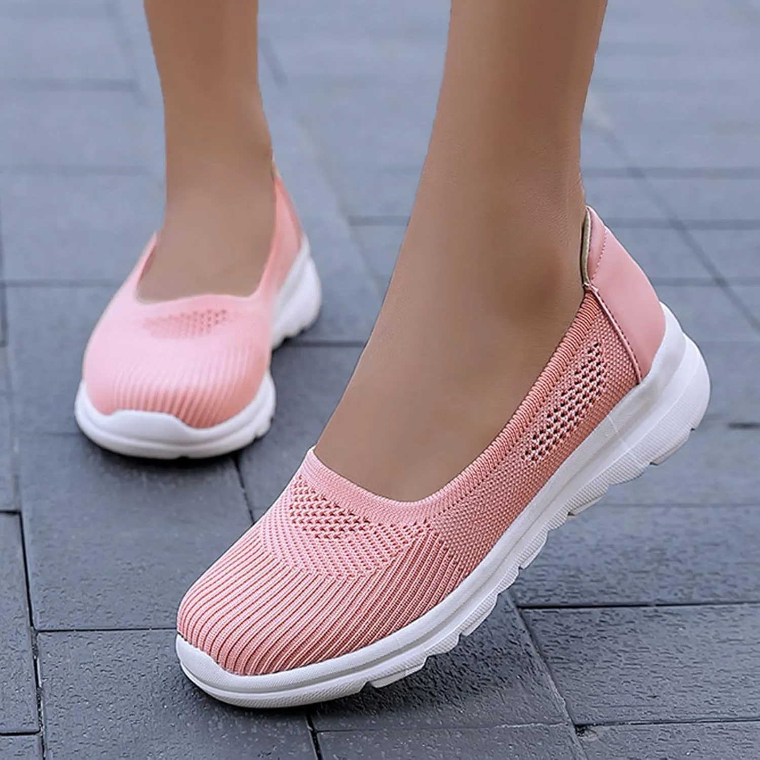 Women Casual Slip On Sneakers Breathable Knit Walking Shoes Lightweight Loafers Non Slip Comfortable Flats