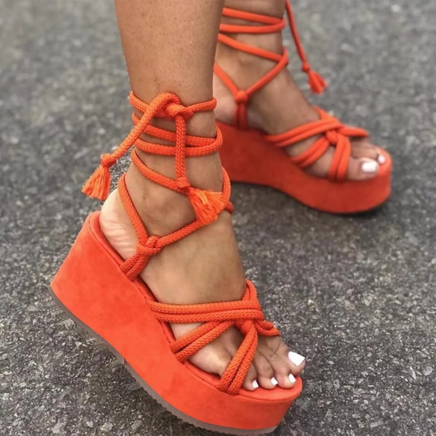 Women Platform Sandals Lace-up Wedge Sandals Casual Open Toe Shoes Summer Strappy Sandals (Orange, 7.5)