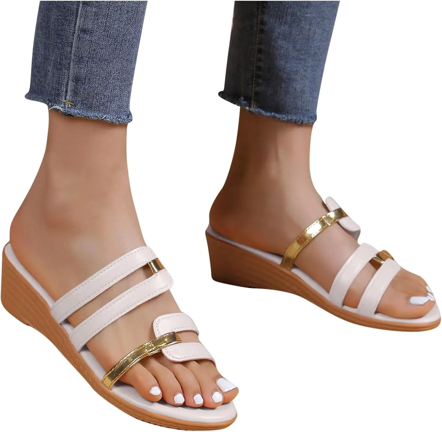 Women Summer Wedge Slides 2025 Casual Dressy Sandals Strappy Slip on Sandal Elegant Low Wedges Slippers