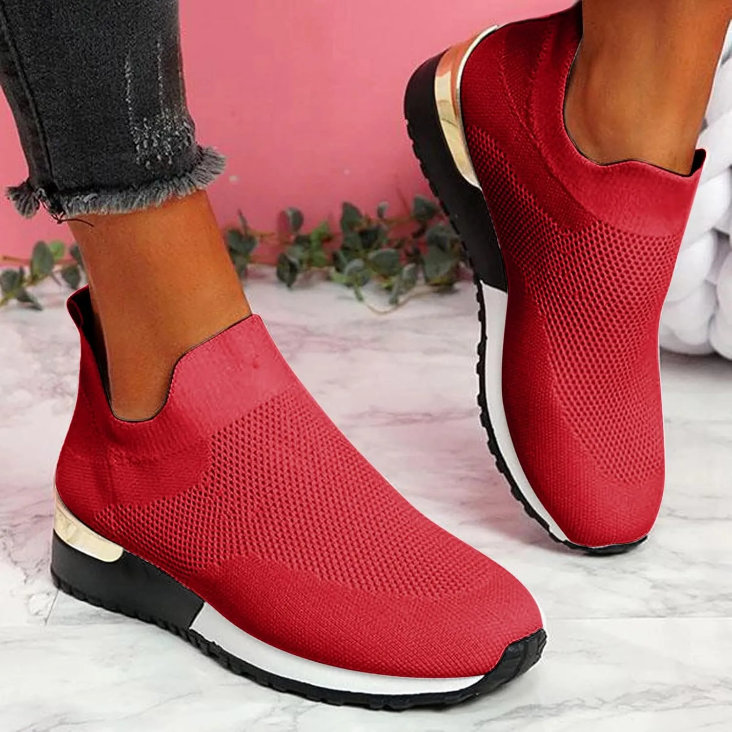Women Woven Sneakers Comfortable Lightweight Breathable Casual Sneakers with Arch Support Mesh Slip On Walking Shoes