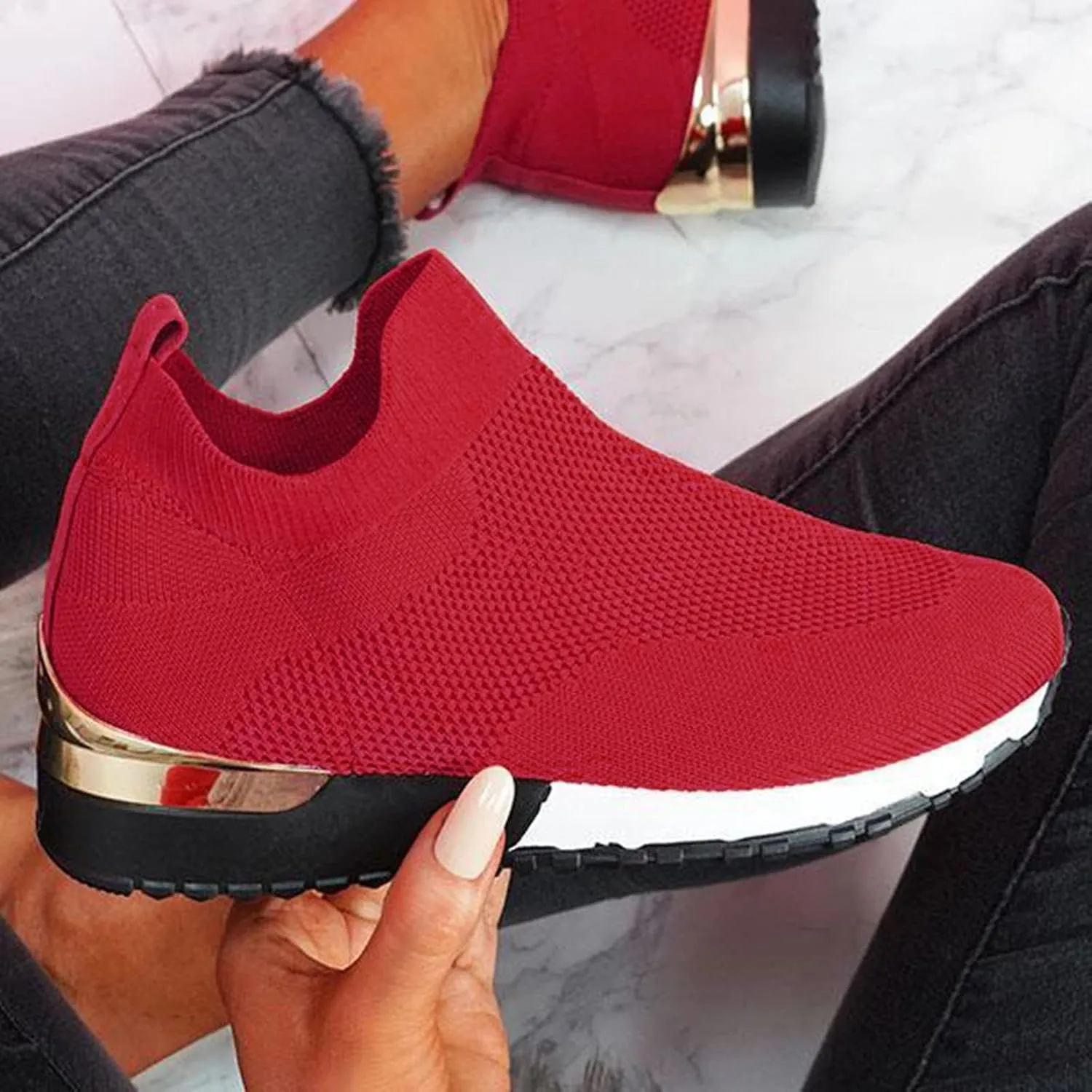 Women Woven Sneakers Comfortable Lightweight Breathable Casual Sneakers with Arch Support Mesh Slip On Walking Shoes