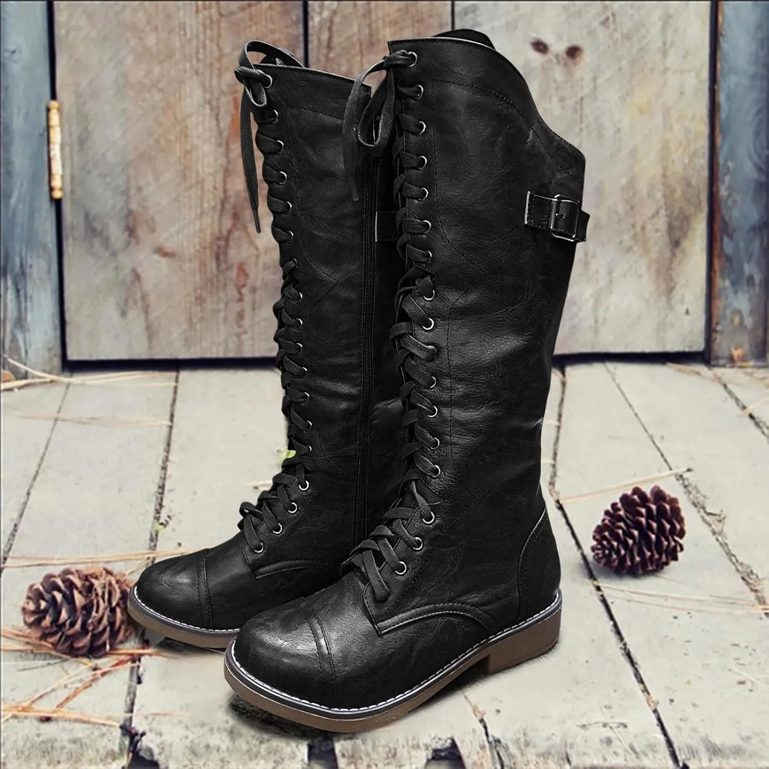 Womens Knee High Chunky Heel Boots Faux Suede Round Toe Side Zipper Boots Western Chunky Cowboy Knee High Side Zipper Pull