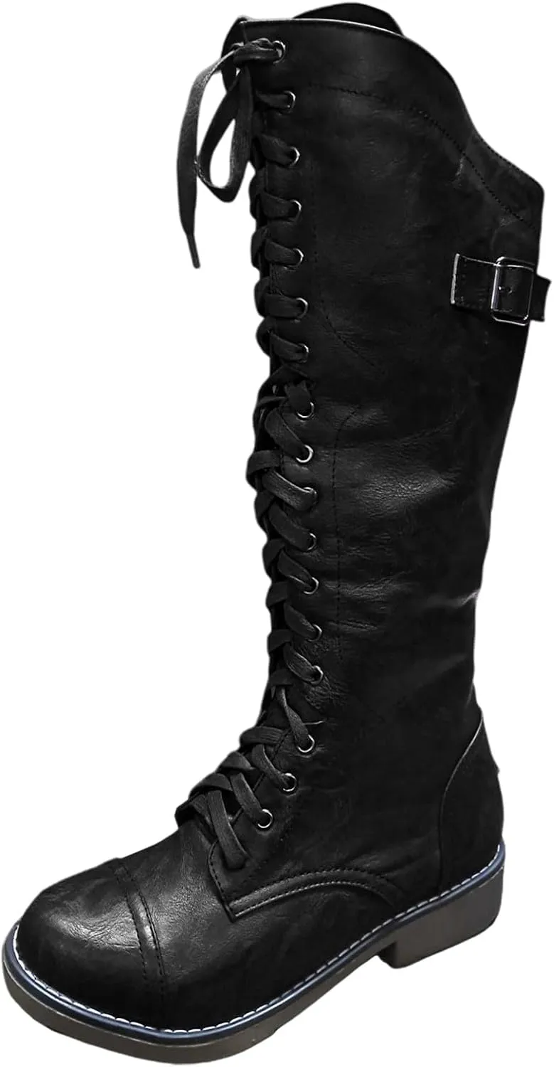 Womens Knee High Chunky Heel Boots Faux Suede Round Toe Side Zipper Boots Western Chunky Cowboy Knee High Side Zipper Pull