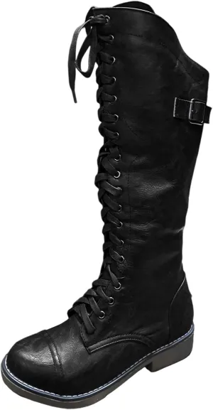 Womens Knee High Chunky Heel Boots Faux Suede Round Toe Side Zipper Boots Western Chunky Cowboy Knee High Side Zipper Pull
