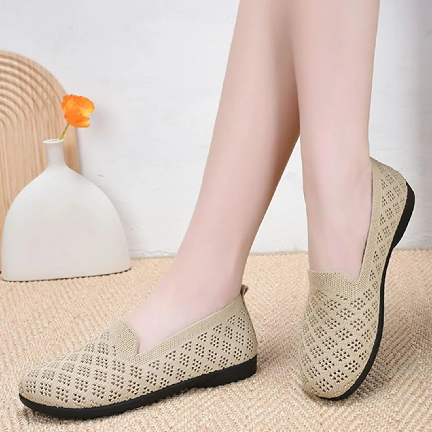 Women's Mesh Flat𝐬 Knit Slip on Walking Shoes Comfortable Non Slip Running Shoes Wide Width Mesh Breathable Casual Sneaker