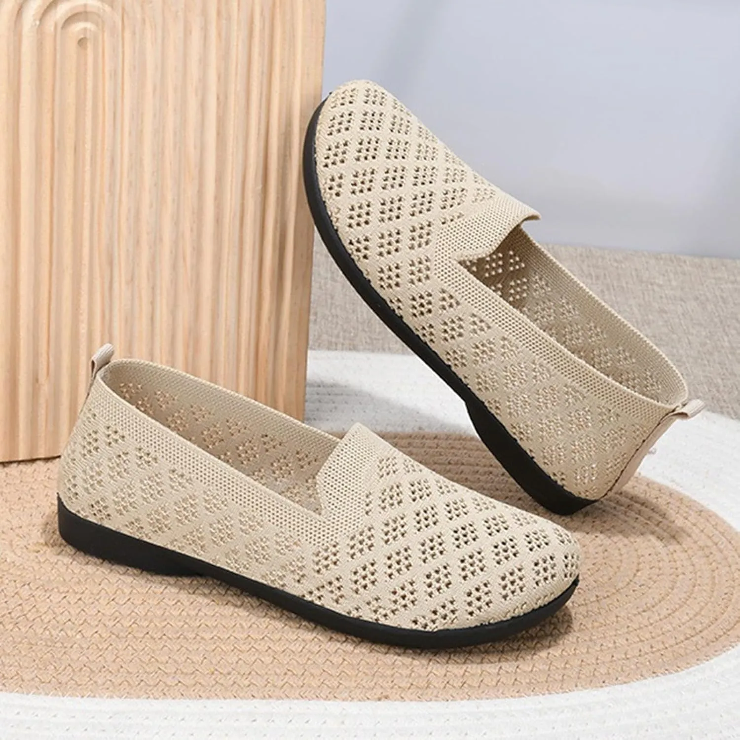 Women's Mesh Flat𝐬 Knit Slip on Walking Shoes Comfortable Non Slip Running Shoes Wide Width Mesh Breathable Casual Sneaker