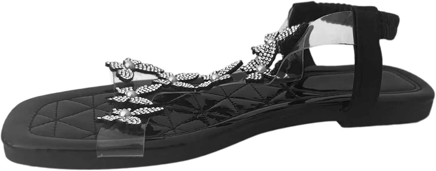 Women's Open Toe Bohemian Sandals Rhinestone Open Toe Slip on Casual Sandal Rhinestone Decorative Sandals