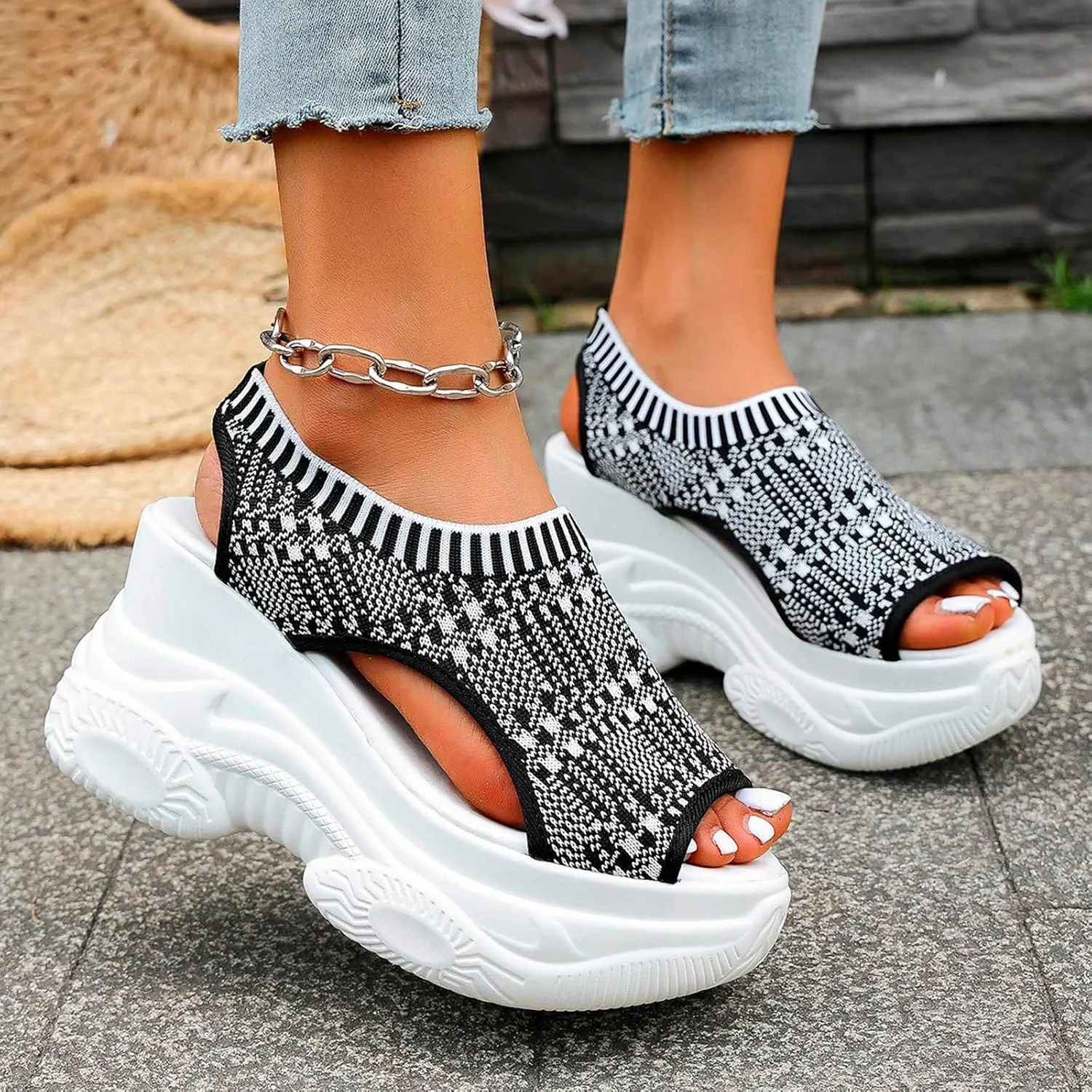 Women's Peep Toe Platform Sneakers Summer Athletic Sport Walking Sandals Arch Support Comfy Orthotic Sandal Slip Ons