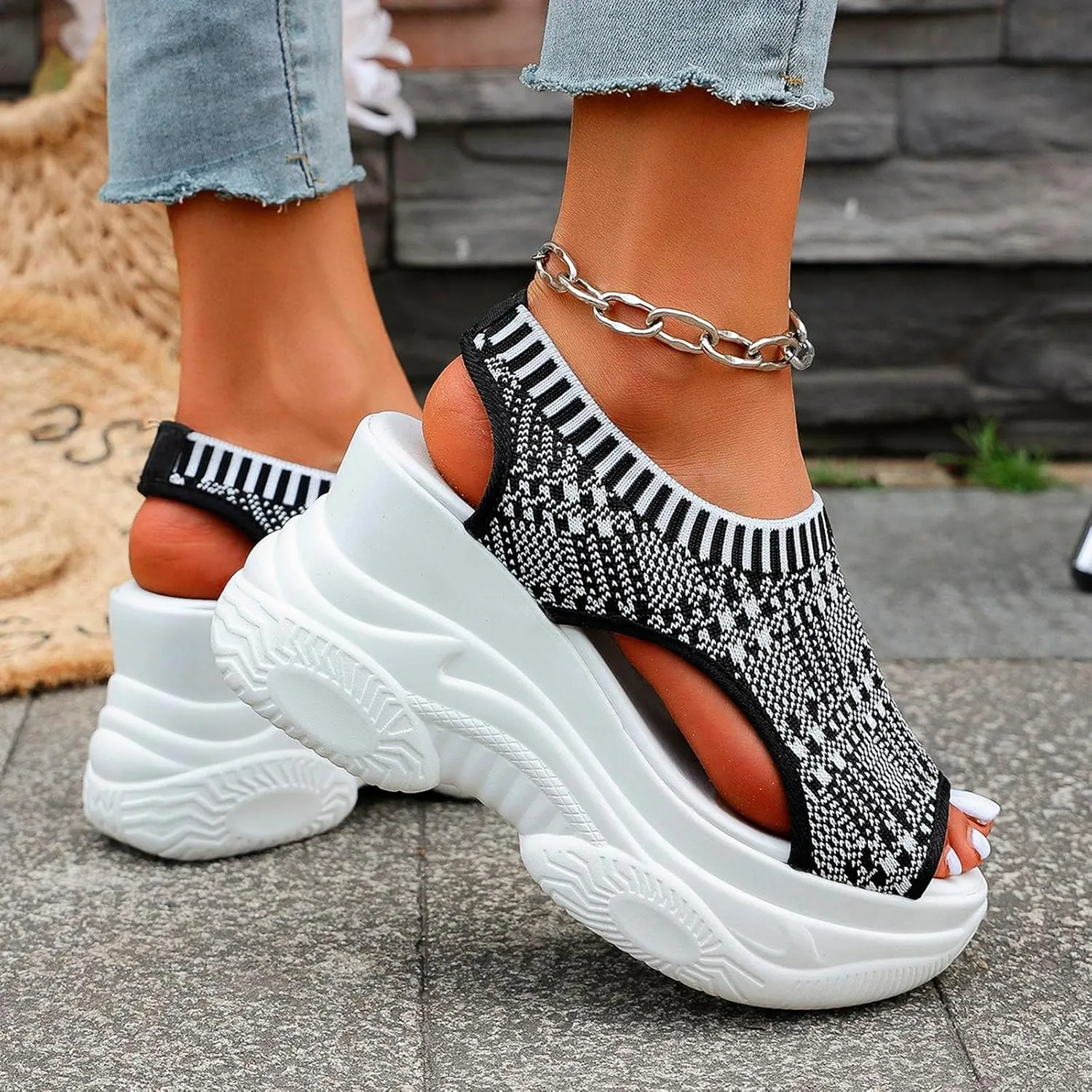 Women's Peep Toe Platform Sneakers Summer Athletic Sport Walking Sandals Arch Support Comfy Orthotic Sandal Slip Ons