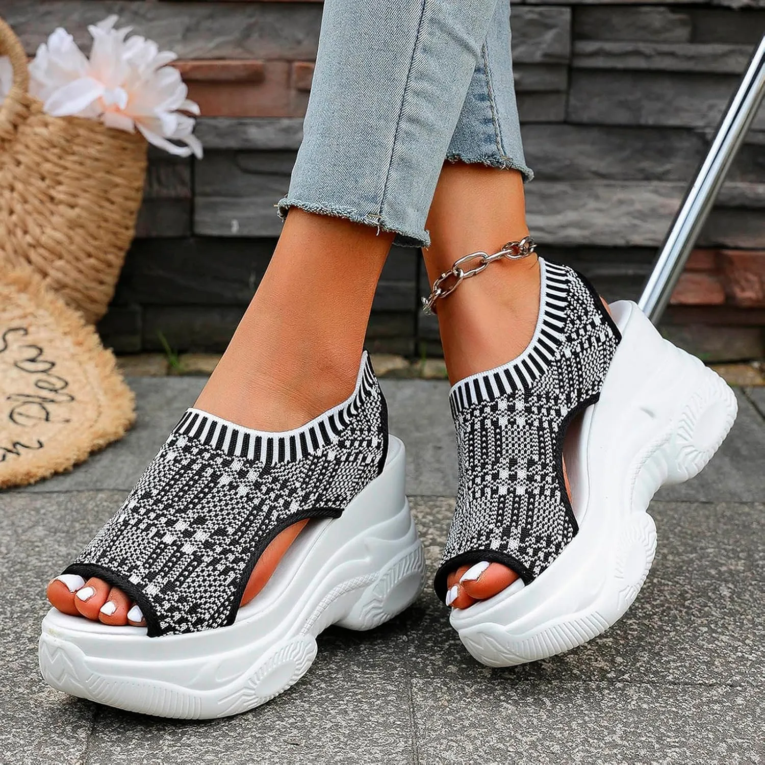 Women's Peep Toe Platform Sneakers Summer Athletic Sport Walking Sandals Arch Support Comfy Orthotic Sandal Slip Ons