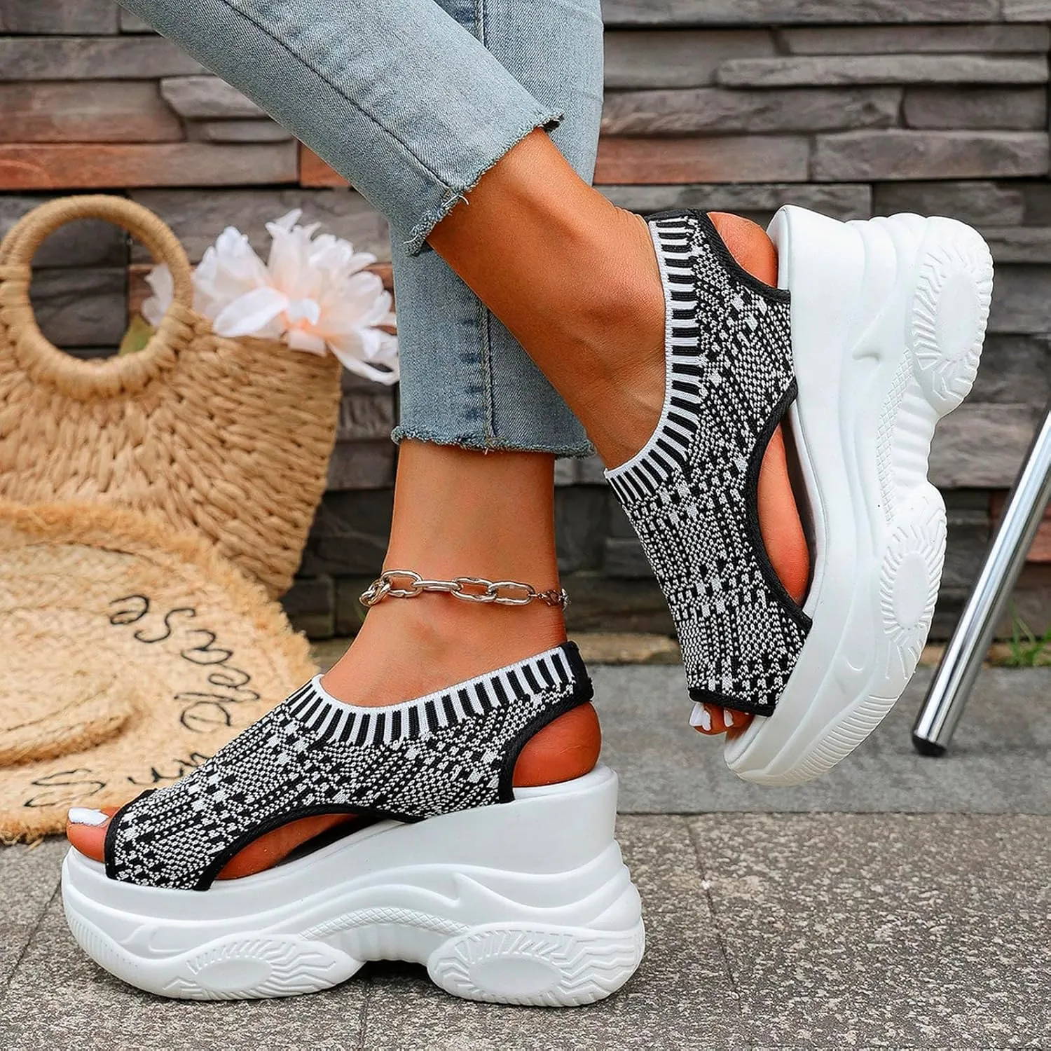 Women's Peep Toe Platform Sneakers Summer Athletic Sport Walking Sandals Arch Support Comfy Orthotic Sandal Slip Ons