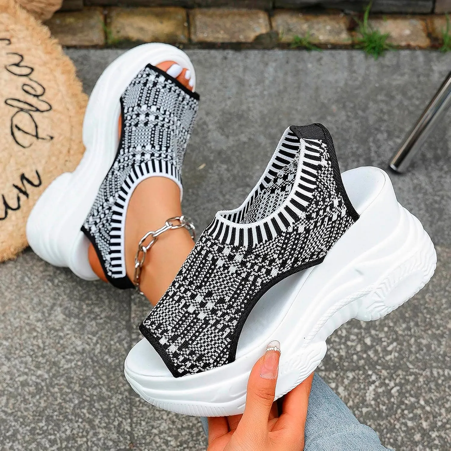 Women's Peep Toe Platform Sneakers Summer Athletic Sport Walking Sandals Arch Support Comfy Orthotic Sandal Slip Ons