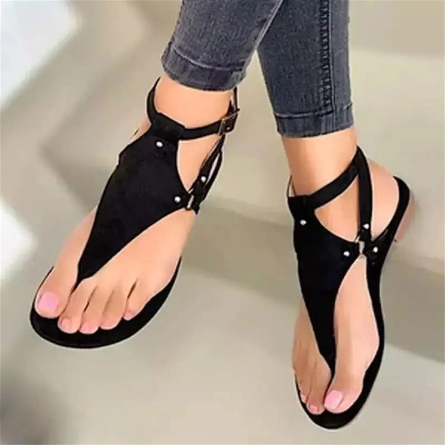 Women's Summer Sandals,Womens Casual Boho Crystal T-Strap Clip Toe Flip Flops Comfy Beach Flat Shoes Sandals for Women