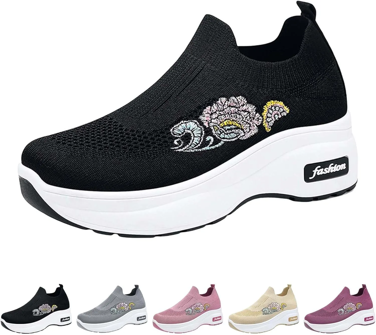 Womens Woven Shoes High Heel Slip-on Women's Sneakers Loafers Solid Color Lightweight Cute Round Toe Sneakers Thick Sole Casual Outdoor Walking Shoe