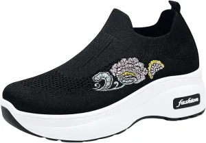 Womens Woven Shoes High Heel Slip-on Women's Sneakers Loafers Solid Color Lightweight Cute Round Toe Sneakers Thick Sole Casual Outdoor Walking Shoe