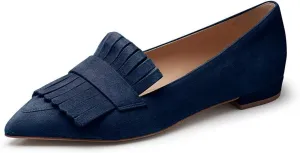 XYD Women Vintage Fringe Dress Flats Pointy Closed Toe Slip Ons Driver Loafers Chunky Low Heel Casual Shoes