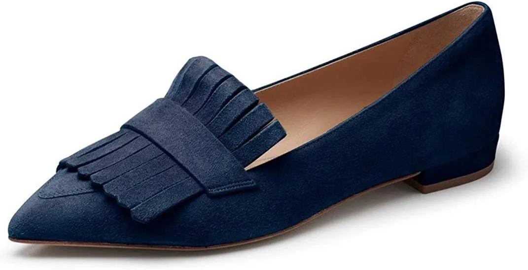 XYD Women Vintage Fringe Dress Flats Pointy Closed Toe Slip Ons Driver Loafers Chunky Low Heel Casual Shoes