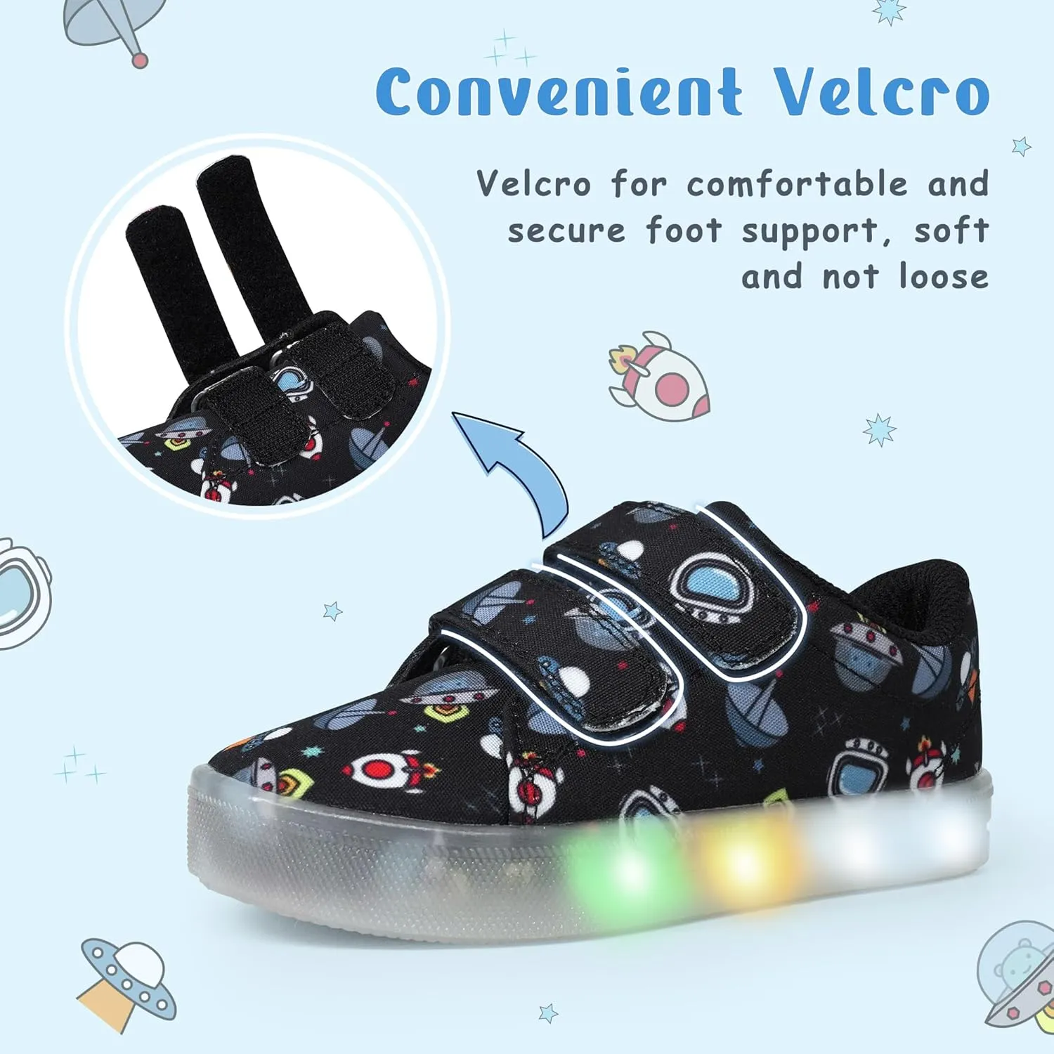 YESKIS Boys Girls Light Up Shoes Vivaki LED Canvas Cartoon Casual Sneakers for Toddler Little Kid Size 5-12