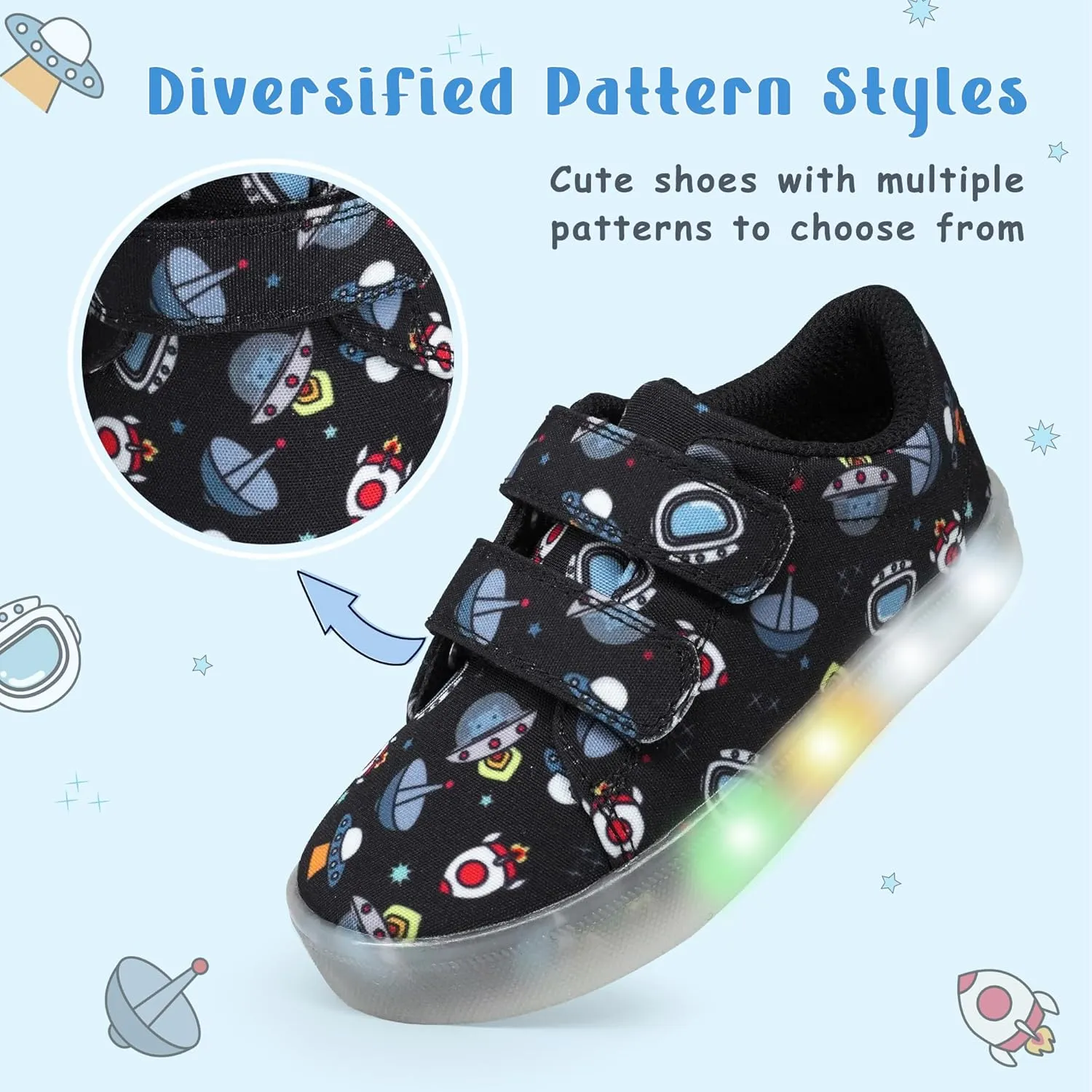 YESKIS Boys Girls Light Up Shoes Vivaki LED Canvas Cartoon Casual Sneakers for Toddler Little Kid Size 5-12