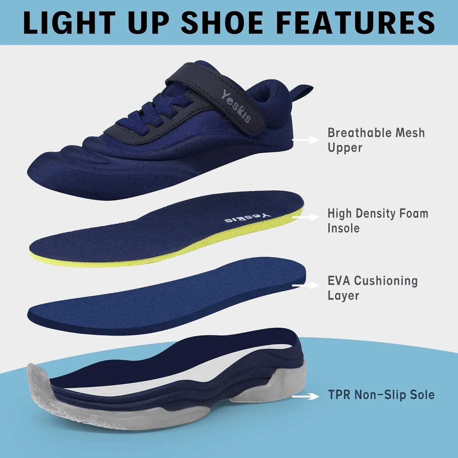 YESKIS Boys Girls Light Up Shoes with Switch 3 Lighting Modes Fizzzy Big Kids LED Running Tennis Sneakers for Toddler Little and Big Kid