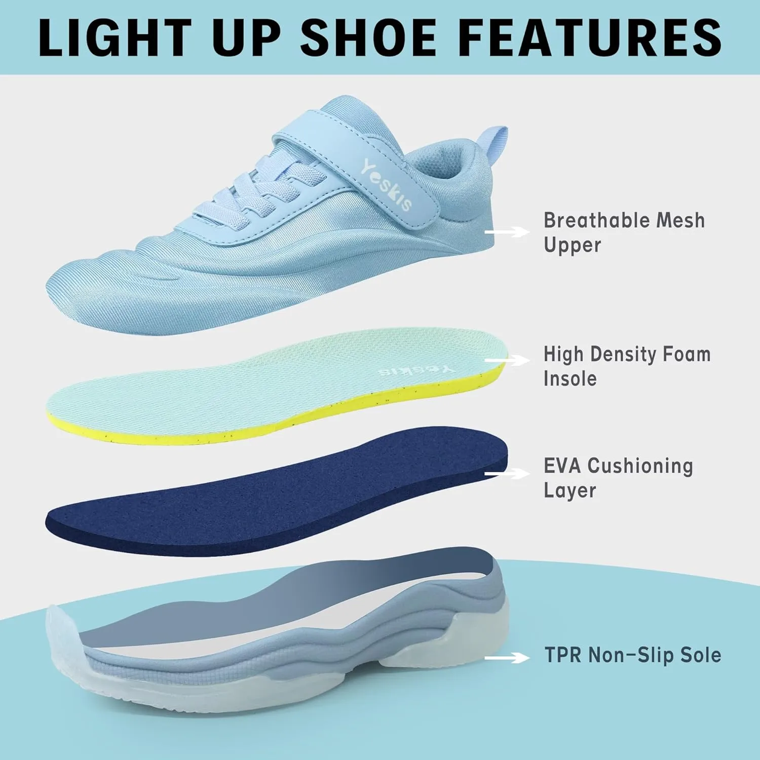 YESKIS Boys Girls Light Up Shoes with Switch 3 Lighting Modes Fizzzy Big Kids LED Running Tennis Sneakers for Toddler Little and Big Kid