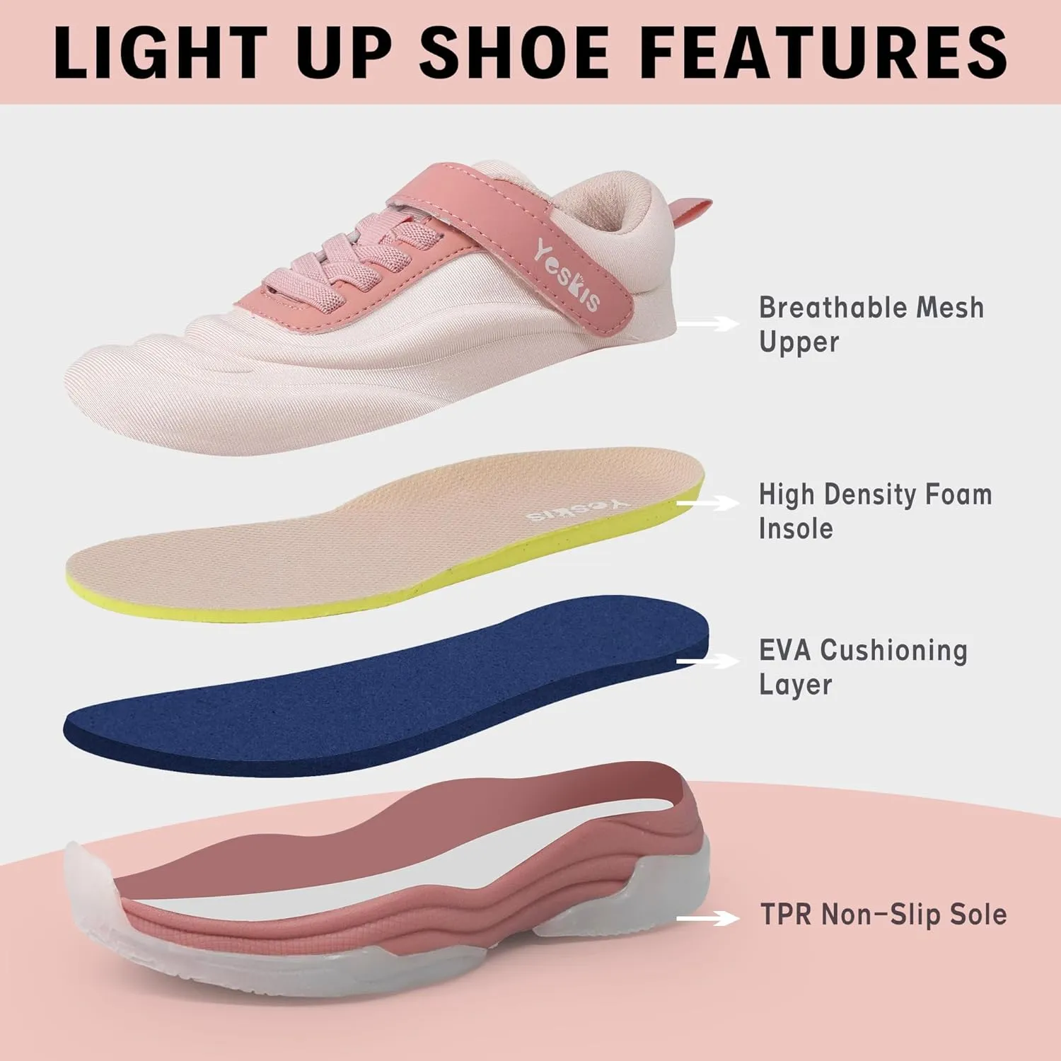 YESKIS Boys Girls Light Up Shoes with Switch 3 Lighting Modes Fizzzy Big Kids LED Running Tennis Sneakers for Toddler Little and Big Kid