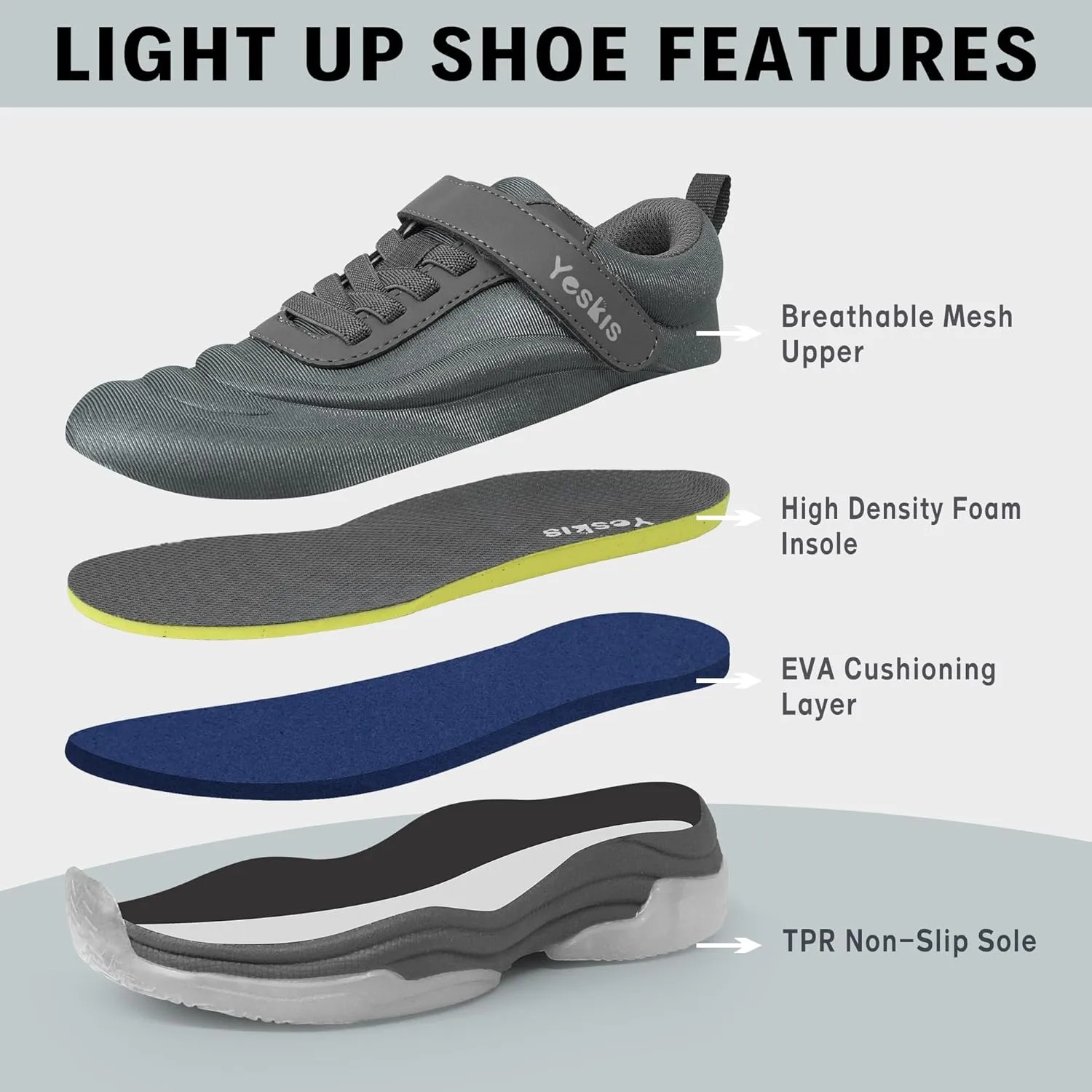 YESKIS Boys Girls Light Up Shoes with Switch 3 Lighting Modes Fizzzy Big Kids LED Running Tennis Sneakers for Toddler Little and Big Kid