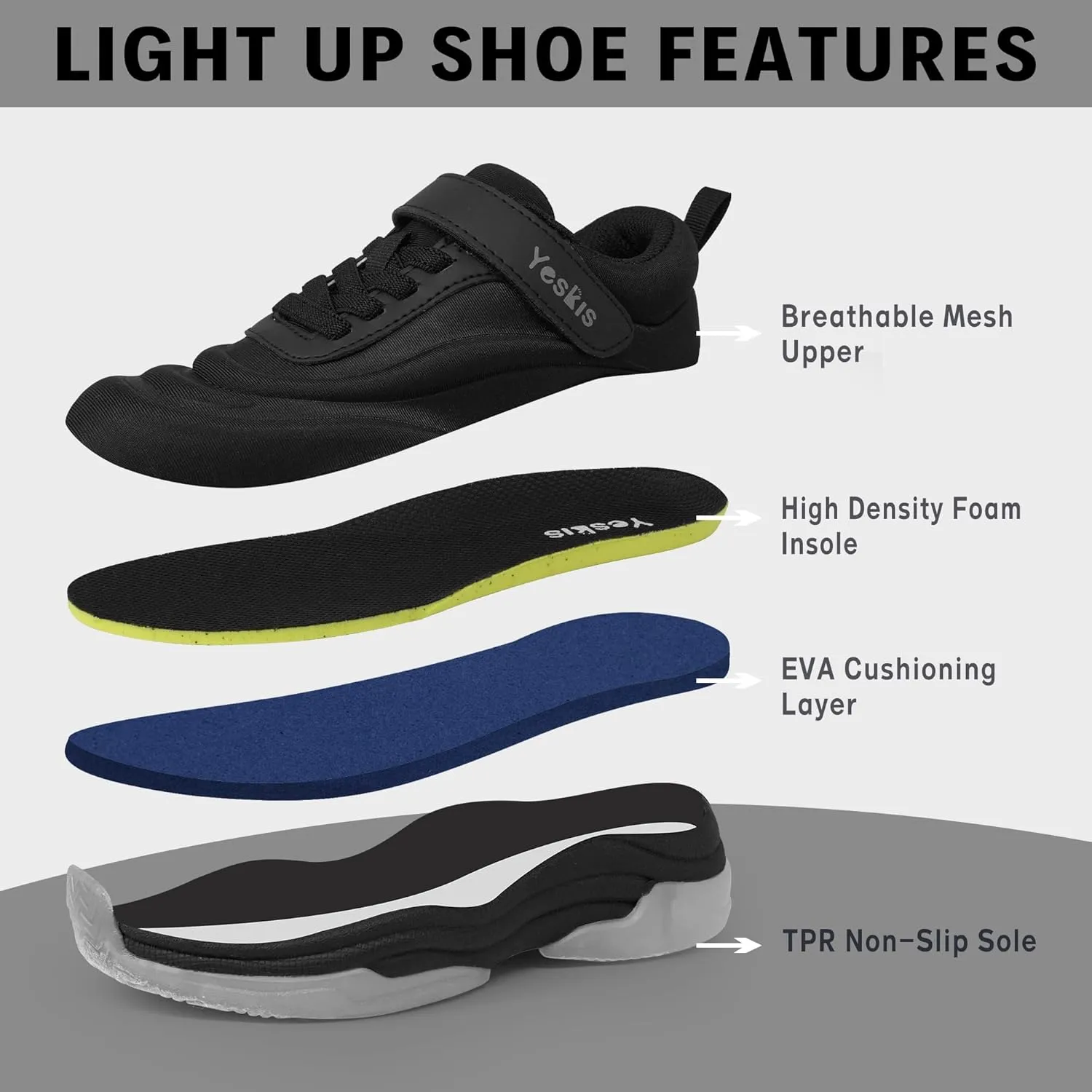 YESKIS Boys Girls Light Up Shoes with Switch 3 Lighting Modes Fizzzy Big Kids LED Running Tennis Sneakers for Toddler Little and Big Kid