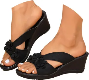 ZSpzx Summer Sandals For Women 2025,Platform Wedge Low Heels Comfortable Arch Support Slides Orthotic Slide Casual Sandal Cushion Flip Flops Womens Slip-On Dressy Beach Open Toe Flowers Walking Shoes