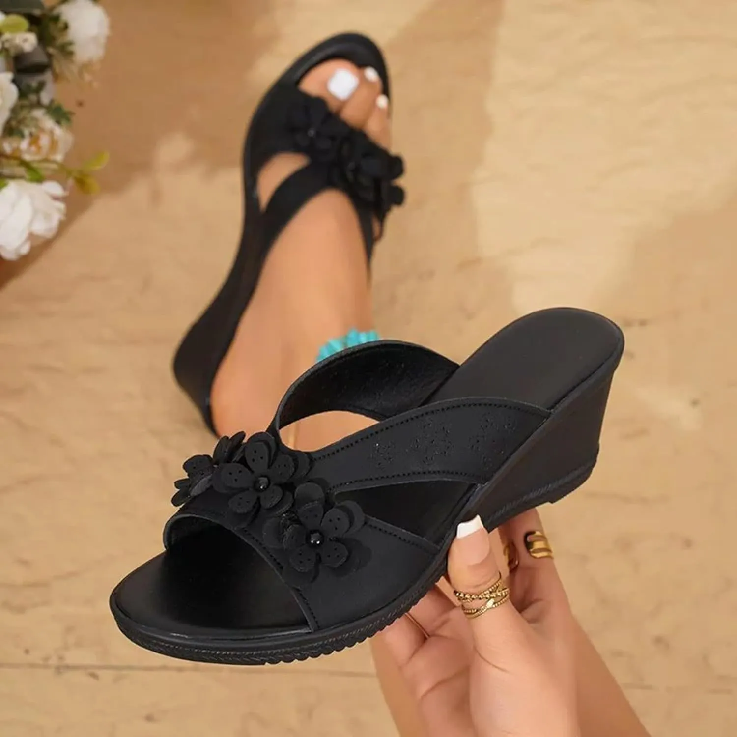 ZSpzx Summer Sandals For Women 2025,Platform Wedge Low Heels Comfortable Arch Support Slides Orthotic Slide Casual Sandal Cushion Flip Flops Womens Slip-On Dressy Beach Open Toe Flowers Walking Shoes