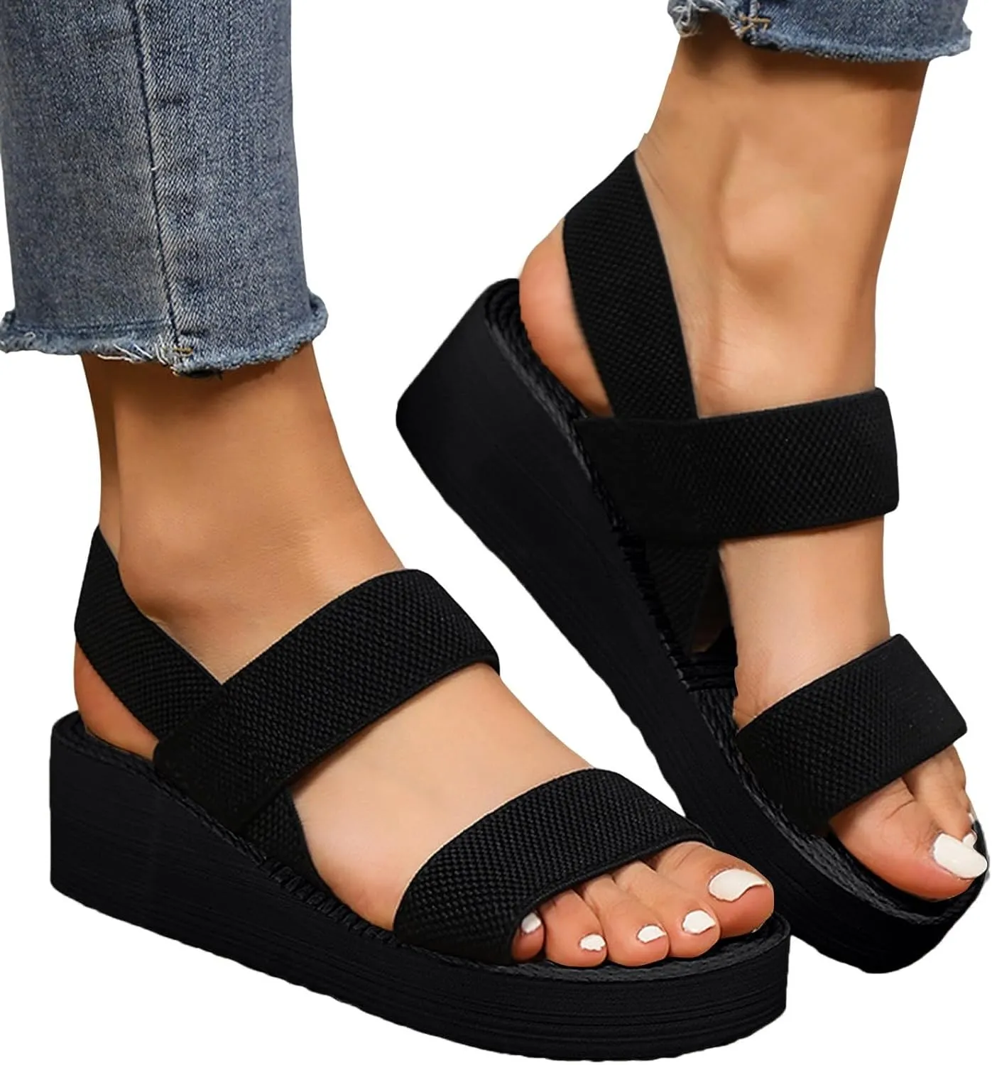 ZSpzx Wedge Sandals For Women 2025,Comfortable Dressy Summer Ankle Strap Elastic Straps Platform Low Wedges Non Slip-on Womens Sandal Heels Dress Open Toe Shoes for Daily Wear