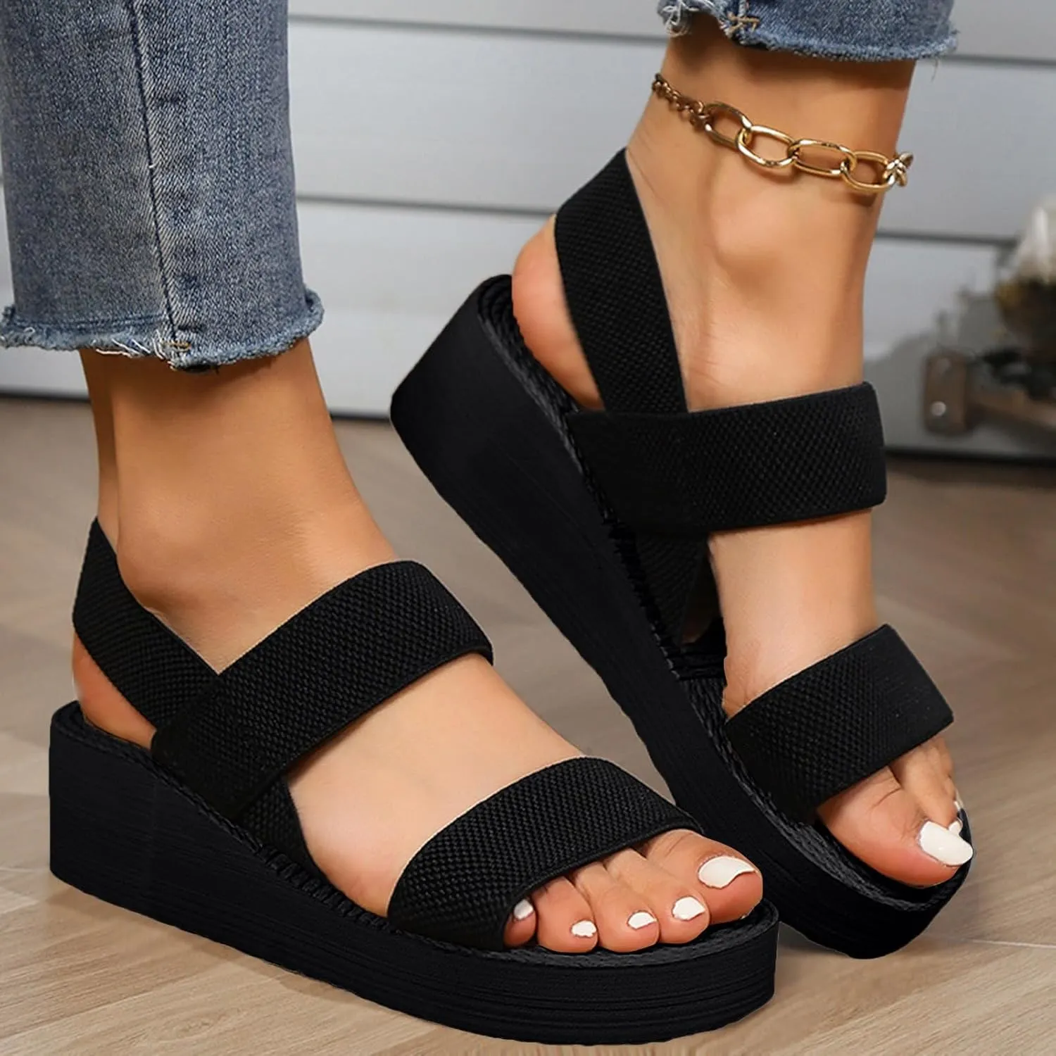 ZSpzx Wedge Sandals For Women 2025,Comfortable Dressy Summer Ankle Strap Elastic Straps Platform Low Wedges Non Slip-on Womens Sandal Heels Dress Open Toe Shoes for Daily Wear